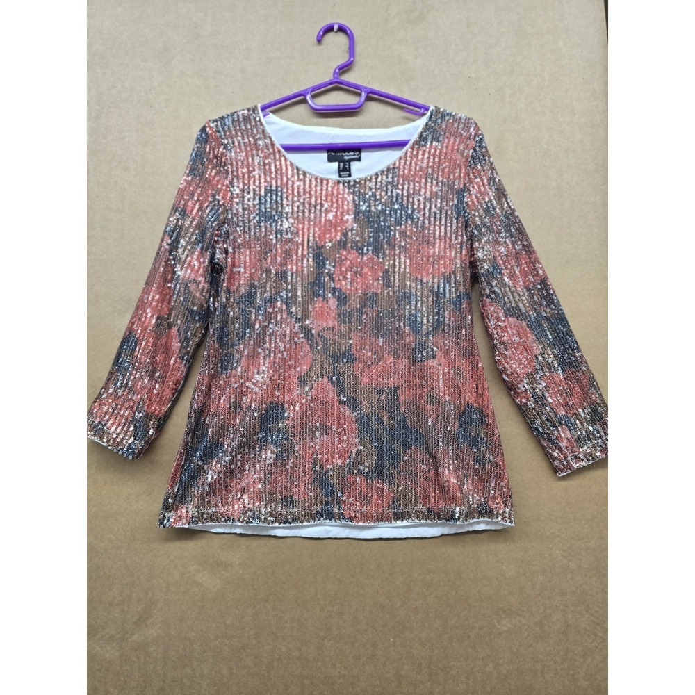 Attitudes by Renée Multicolor Abstract Sequin Scoop Neck 3/4 Sleeve Top XS